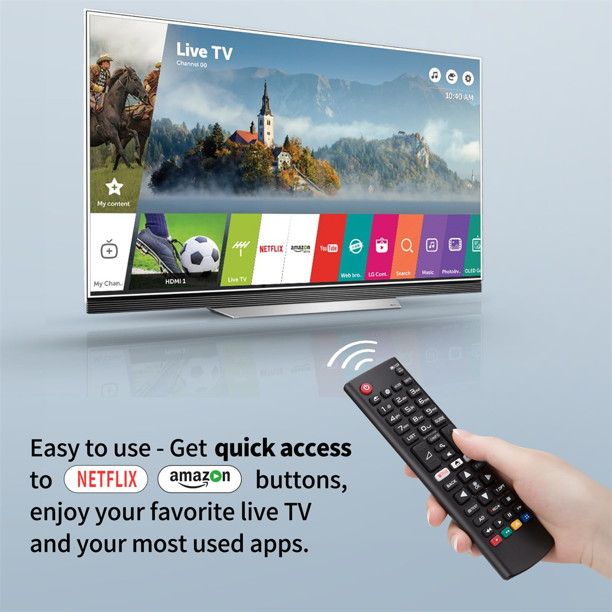 TV-Bildschirm, Fernbedienung in der Hand. Text: "Einfach zu bedienen - Schneller Zugriff auf...". Schwarzer Fernseher.