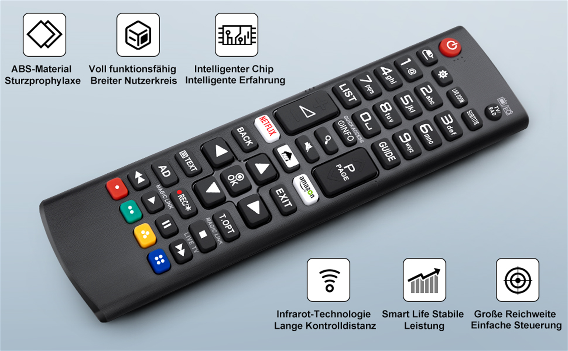 Schwarze TV-Fernbedienung mit vielen Knöpfen und Symbolen. Enthält Netflix- und Amazon-Tasten.