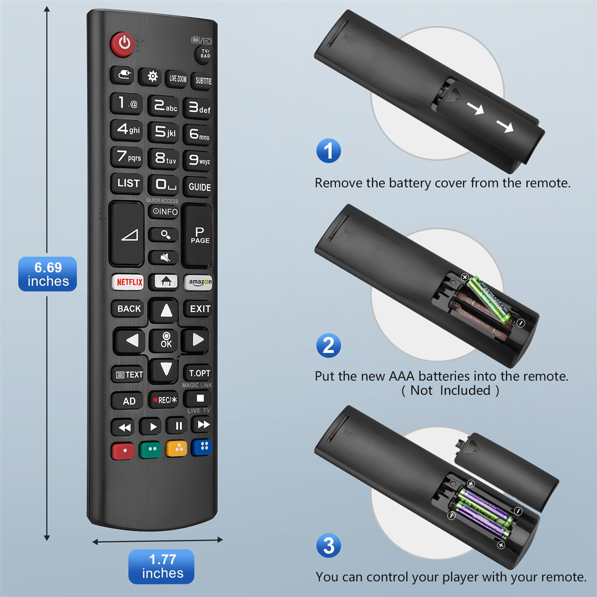 Schwarze TV-Fernbedienung mit Knöpfen und Maßangabe. Anleitung zum Einlegen der Batterien.