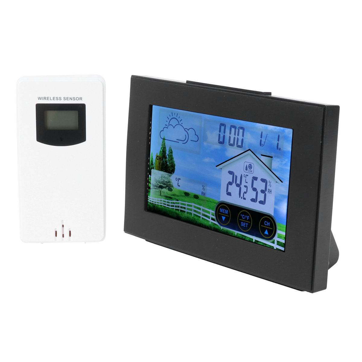Weißer Funksensor mit kleinem Bildschirm und ein schwarz gerahmtes Display mit Wetterinformationen.