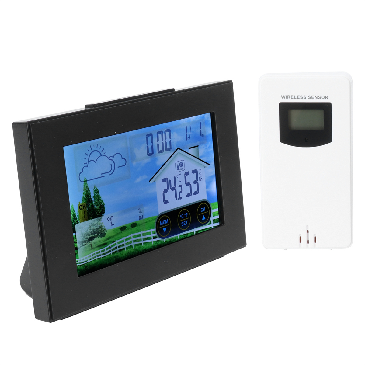 Schwarze Wetterstation mit Digitalanzeige. Ein drahtloser Sensor befindet sich daneben.