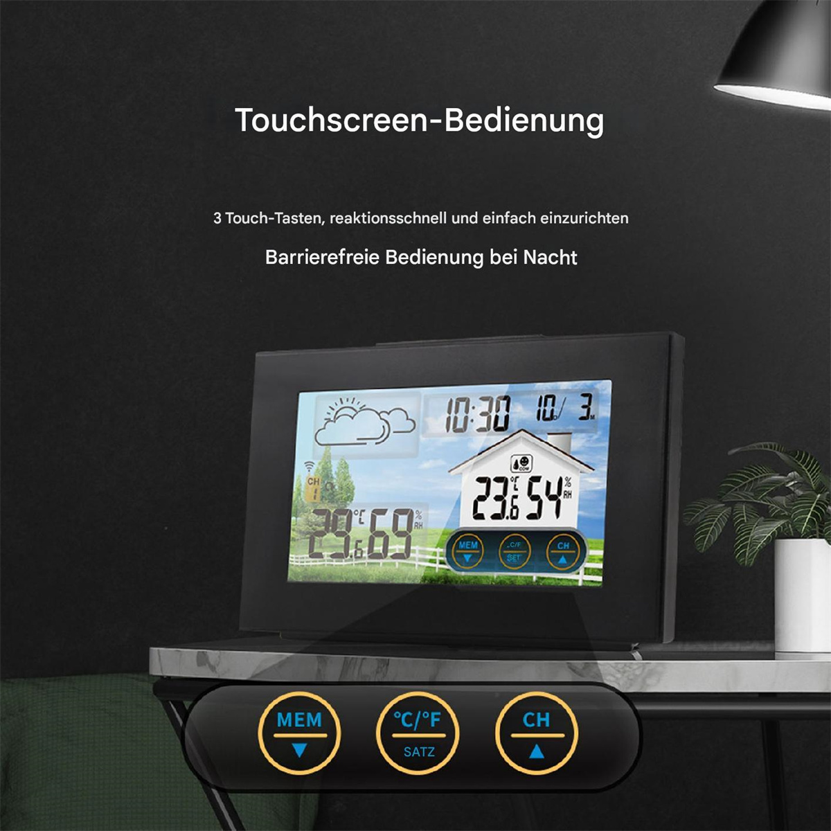 Schwarze digitale Wetterstation mit Wetterdetails. Schwarzer Hintergrund.