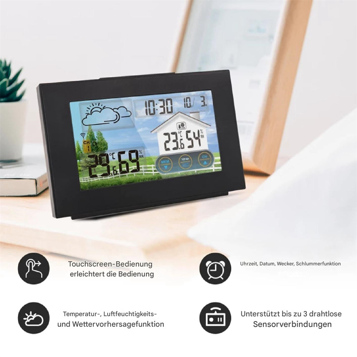 Schwarze digitale Wetterstation. Zeigt Zeit, Datum, Temperatur und Wettersymbole an.