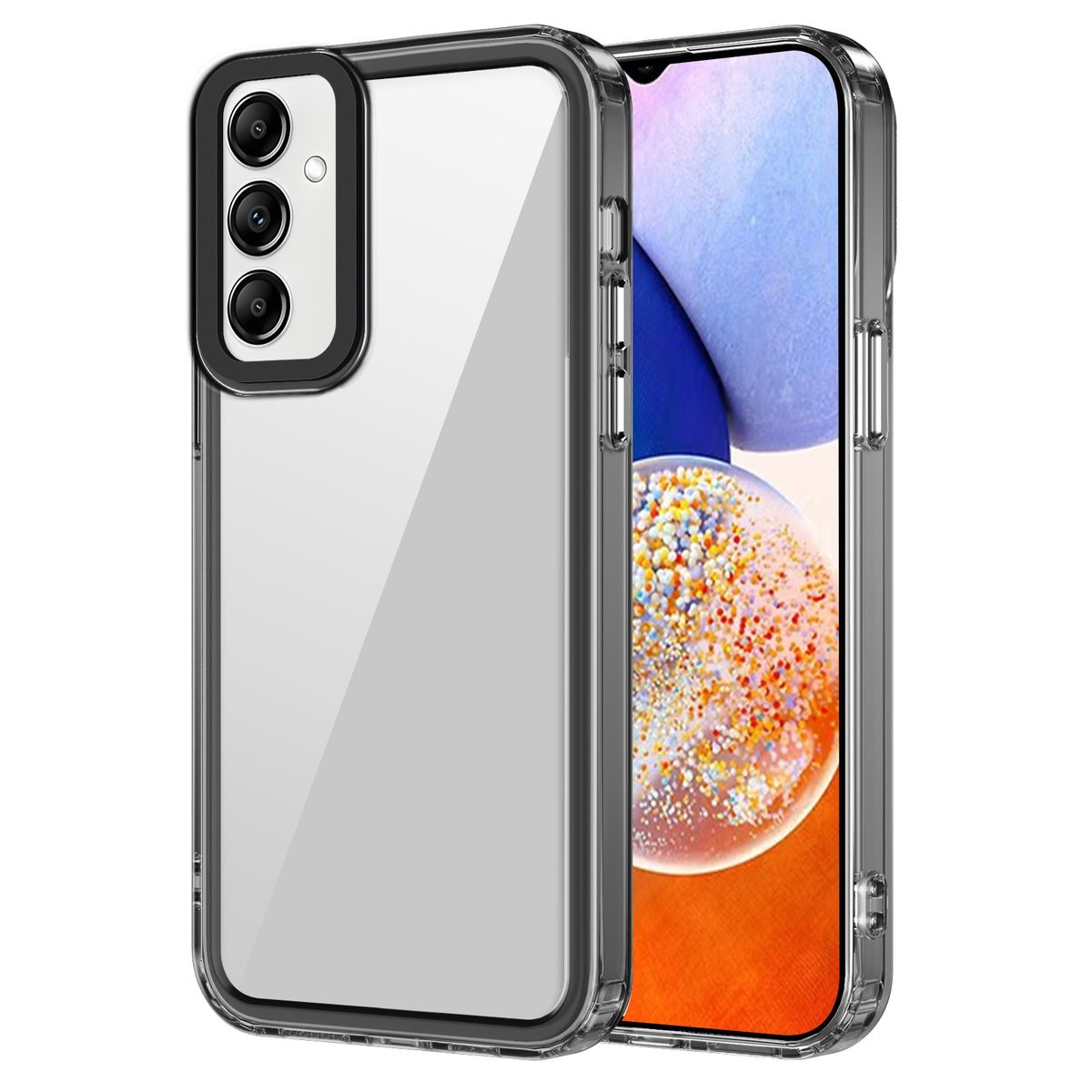Eine transparente Handyhülle mit schwarzem Rahmen, die die Rückseite des Telefons zeigt.