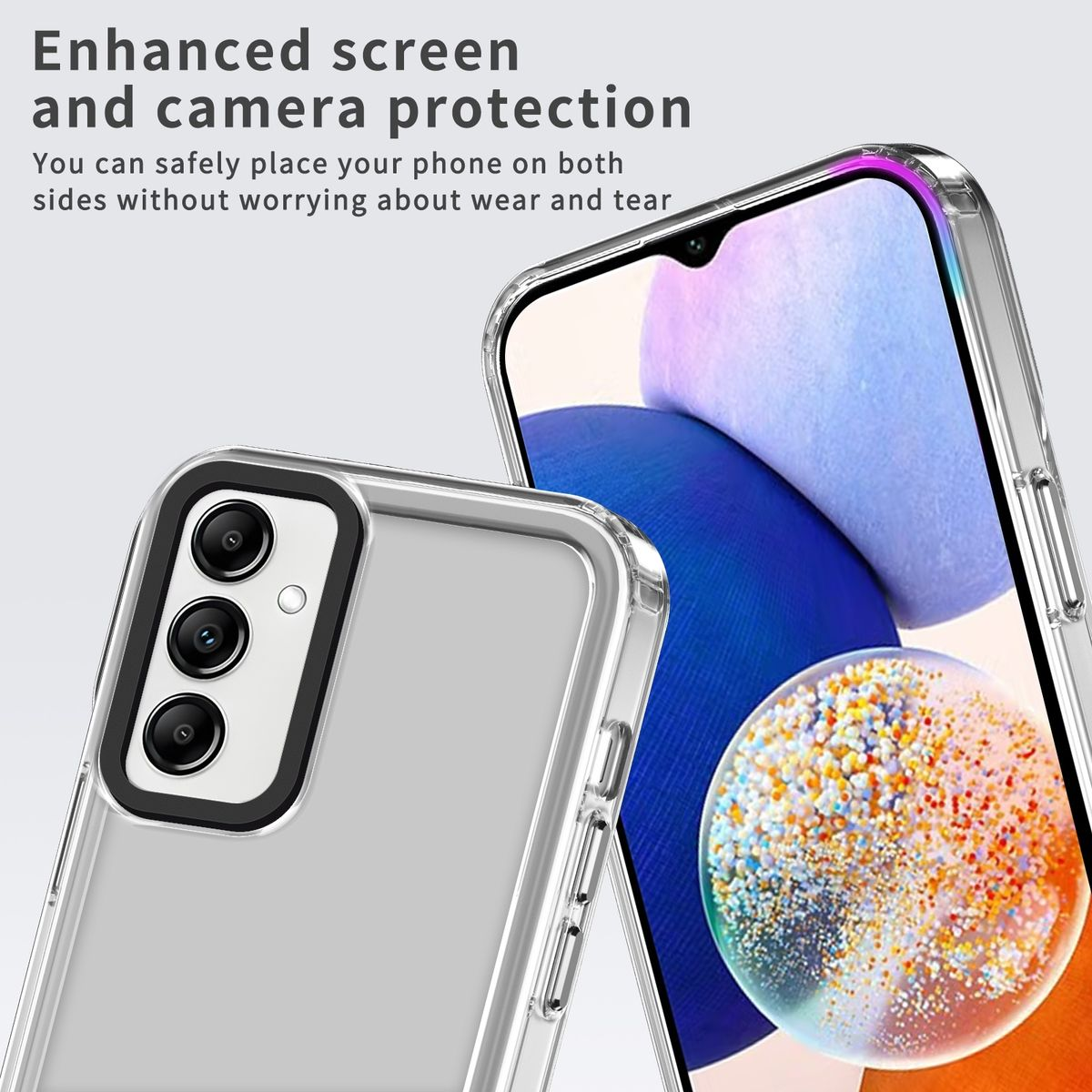 Zwei transparente Handyhüllen. Eine ist auf einem Telefon, die andere ist leer. Text sagt: Verbesserter Bildschirmschutz.