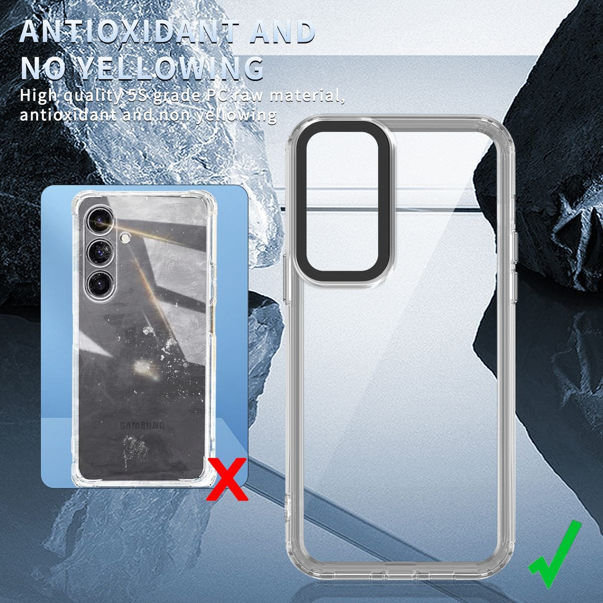 Eine Handyhülle mit Telefon darin, neben einer transparenten Hülle. Die klare Hülle wird als bessere Option gezeigt.