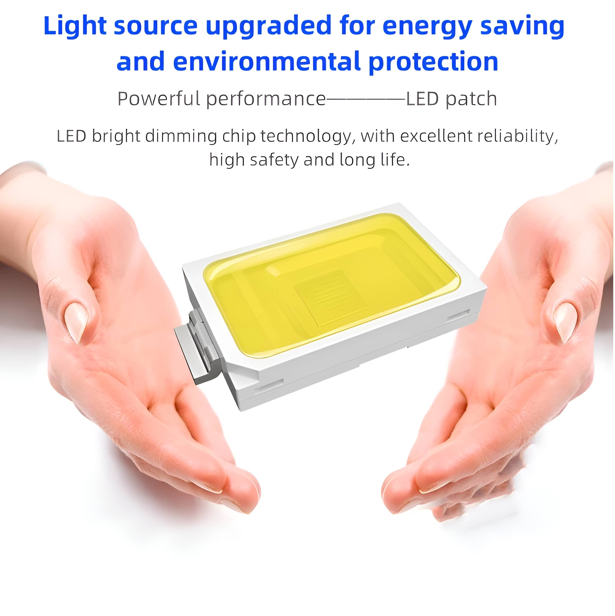 Hände halten einen gelben LED-Patch, Text: Energiesparen und LED-Helligkeitsdimmtechnologie.