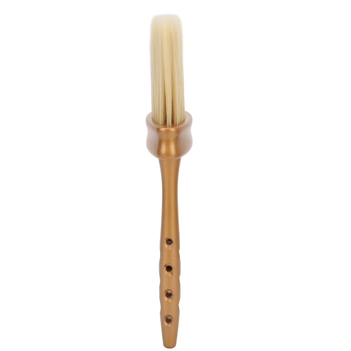 Ein goldfarbener, abgewinkelter Pinsel mit Holzgriff und weißen Borsten.