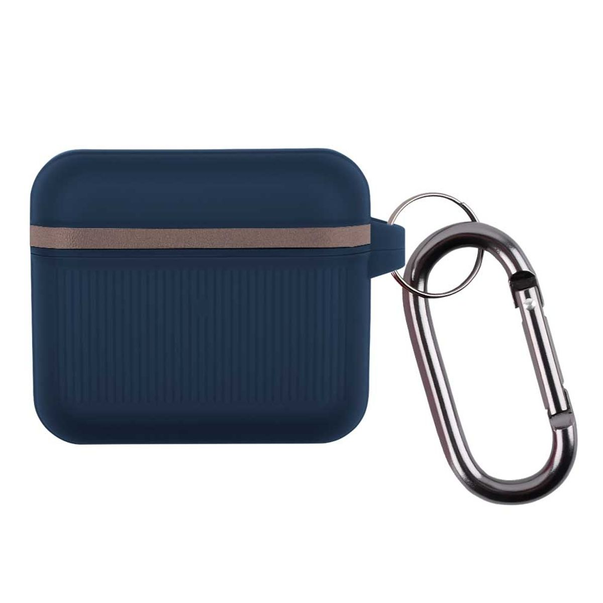 Dunkelblaue AirPods-Hülle mit einem silbernen Karabinerhaken daran befestigt.