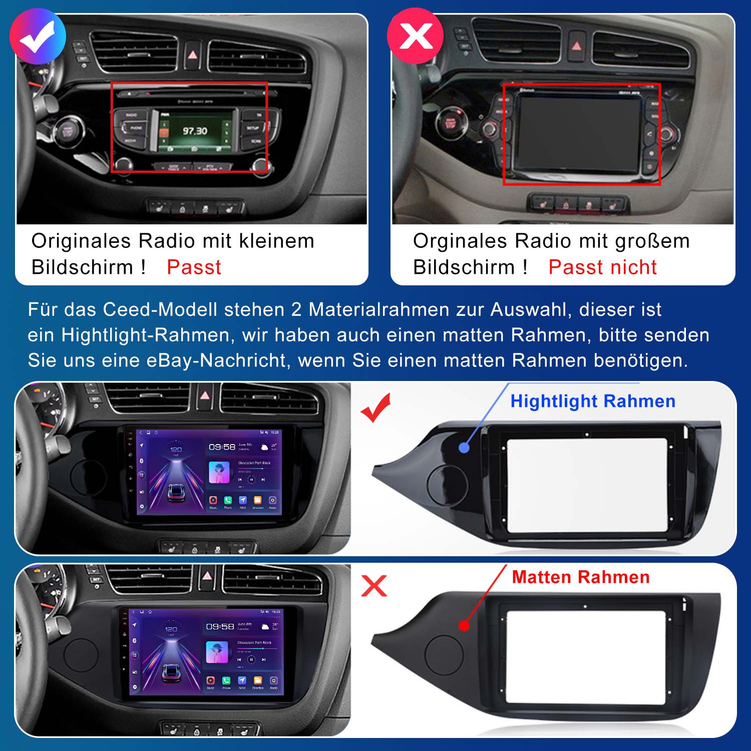 Vergleich der Autoradioinstallation. Zwei Bilder von Radioinstallationen mit Text und Häkchen.
