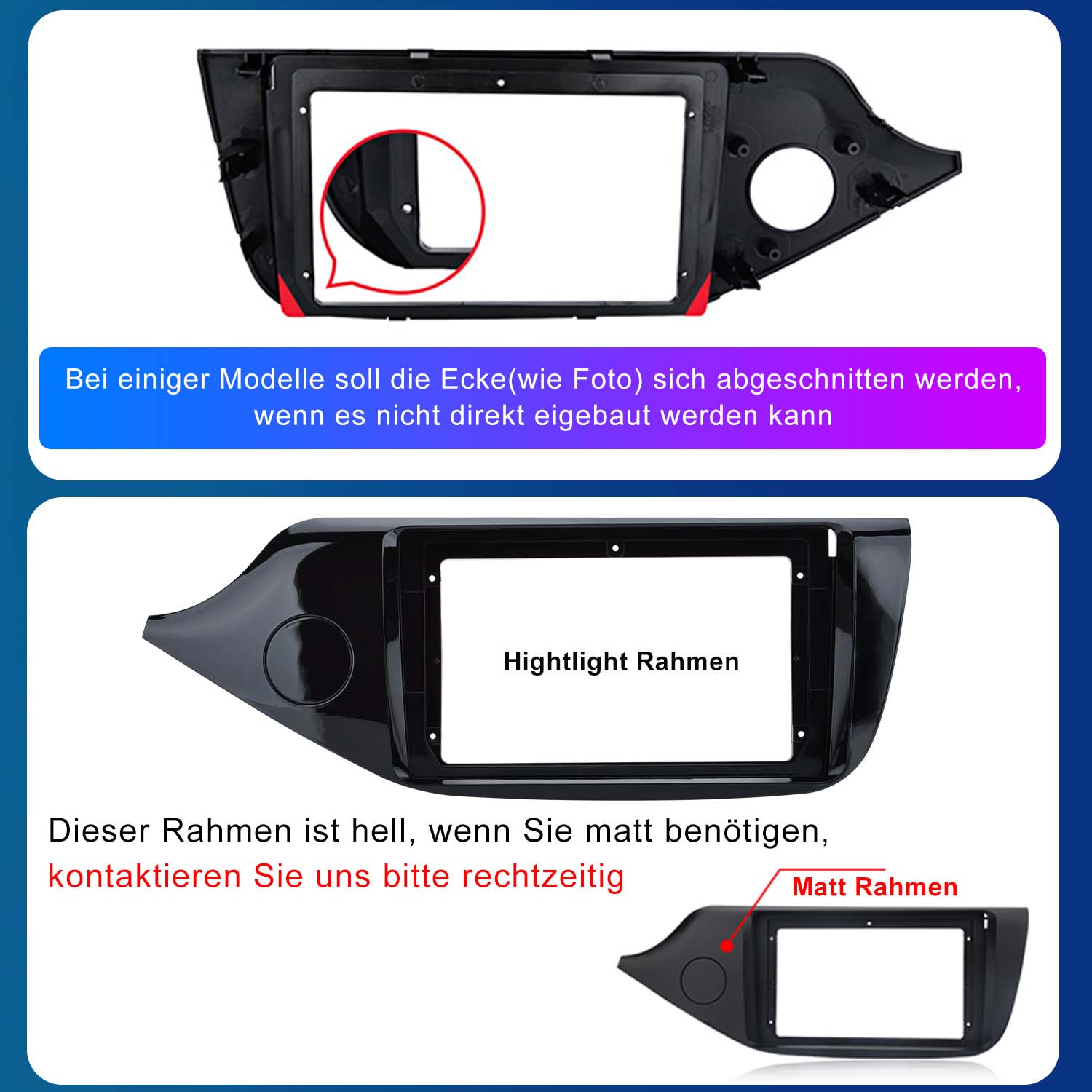 Autoradio-Rahmen, schwarz, mit Anweisungen auf Deutsch zum Schneiden.