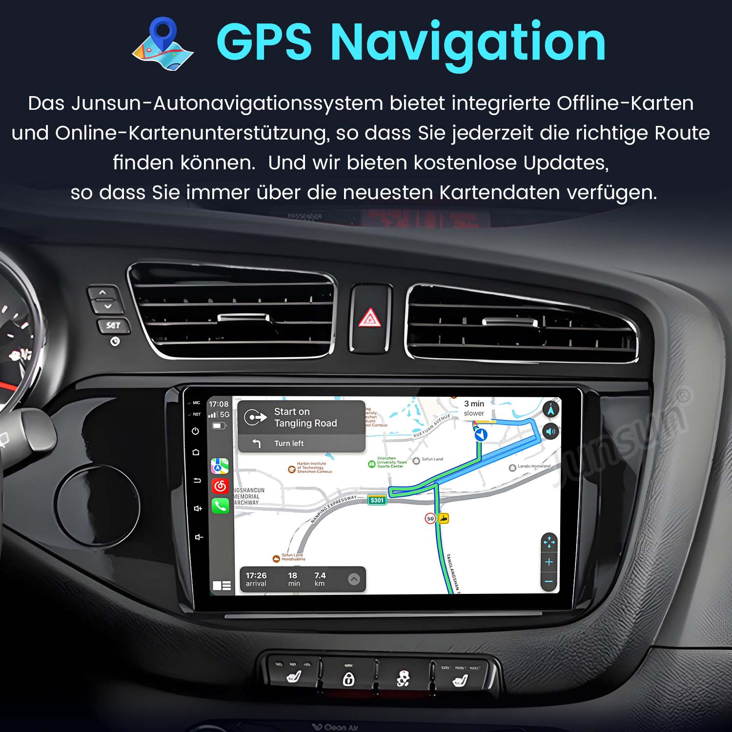 Armaturenbrett mit GPS-Navigationsbildschirm, der Karte und Routenführung zeigt.