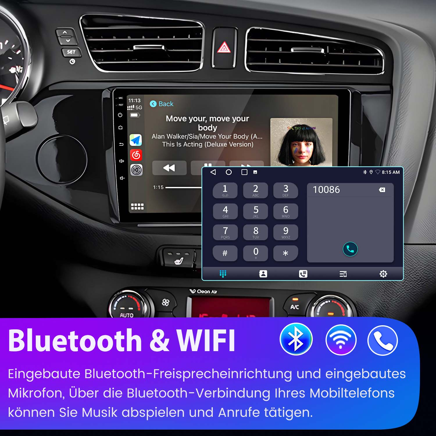 Autoradio mit Bluetooth & WiFi. Touchscreen, Telefontastatur und Musikoberfläche.