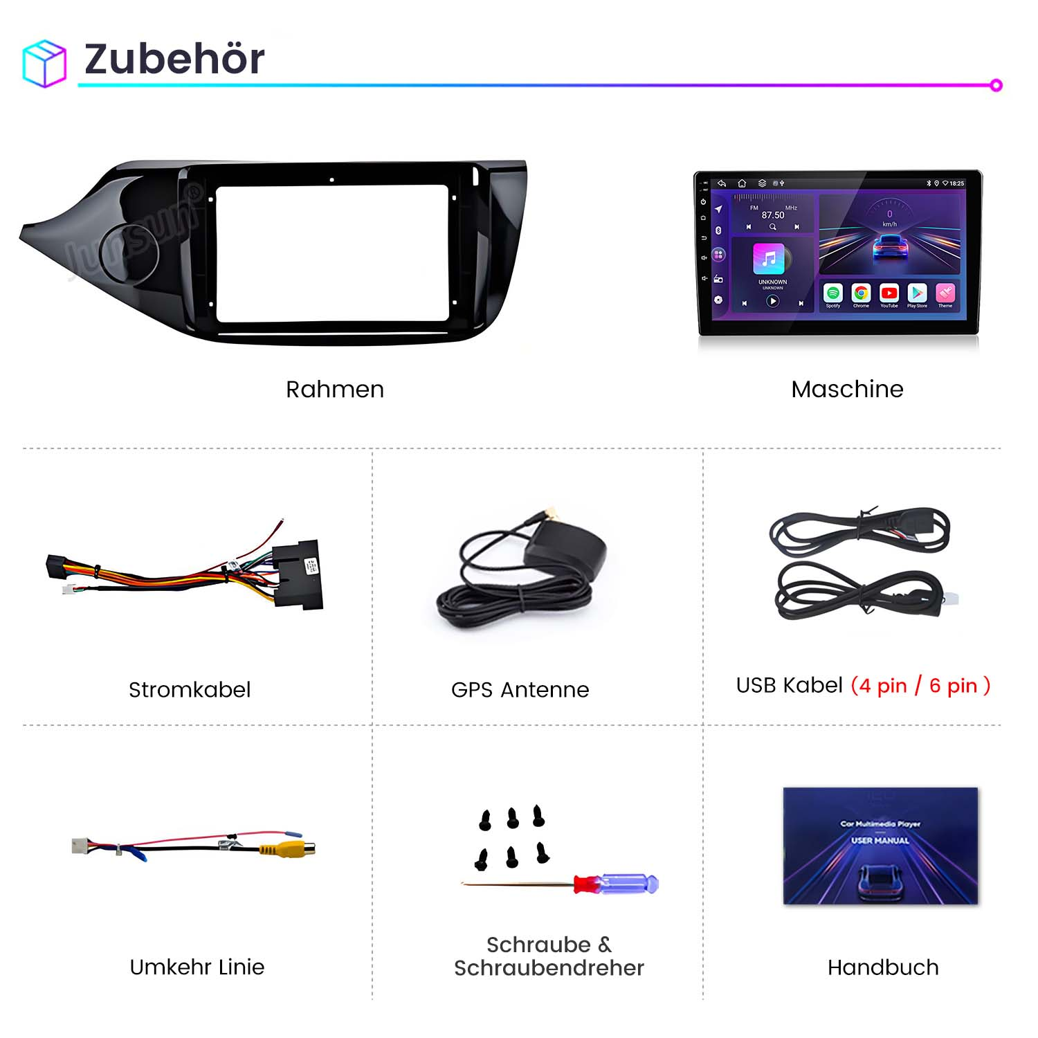 Autoradio-Zubehör: Rahmen, Maschine, Kabel, Antenne, USB-Kabel, Schrauben und Handbuch.