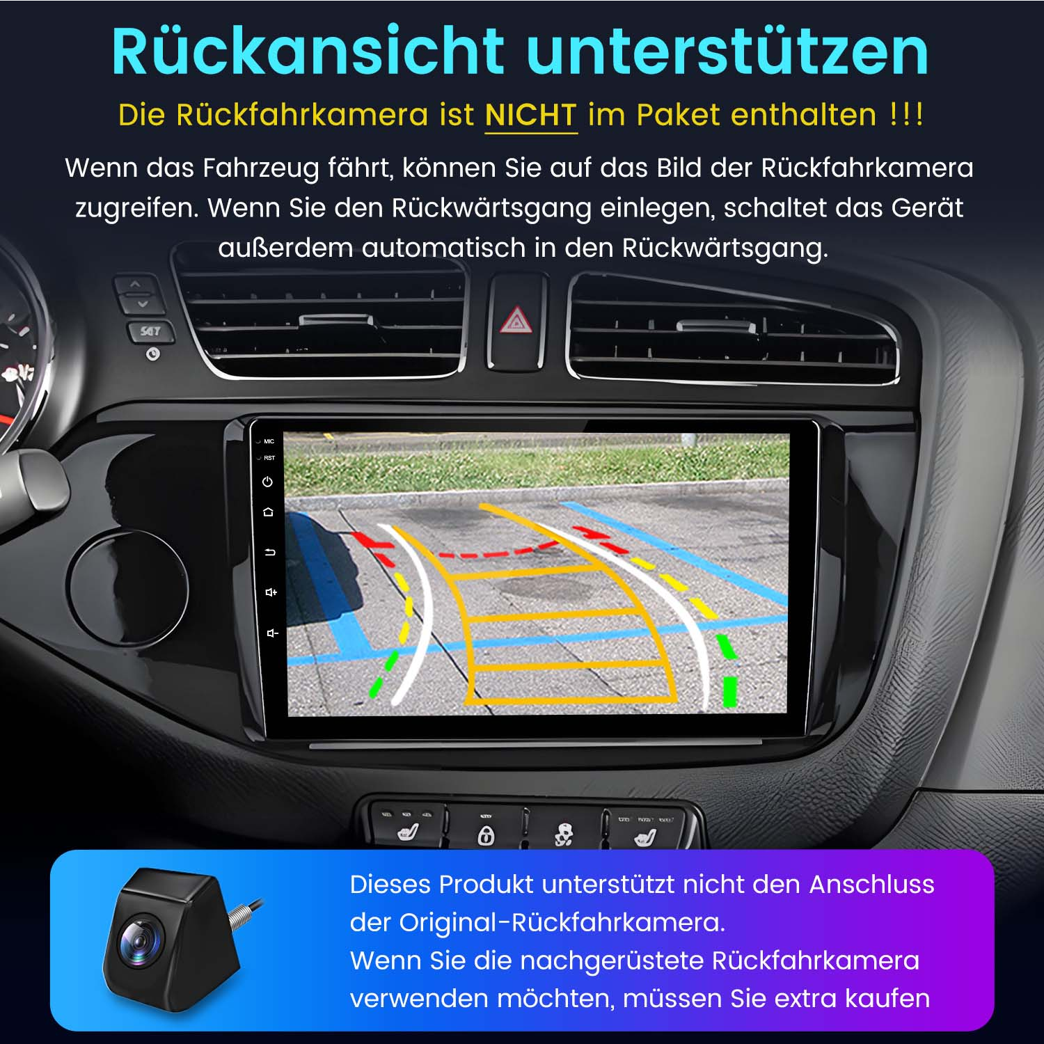 Armaturenbrett mit Bildschirm, der eine Parkkameraview anzeigt. Text auf Deutsch erklärt die Funktion der Kamera.