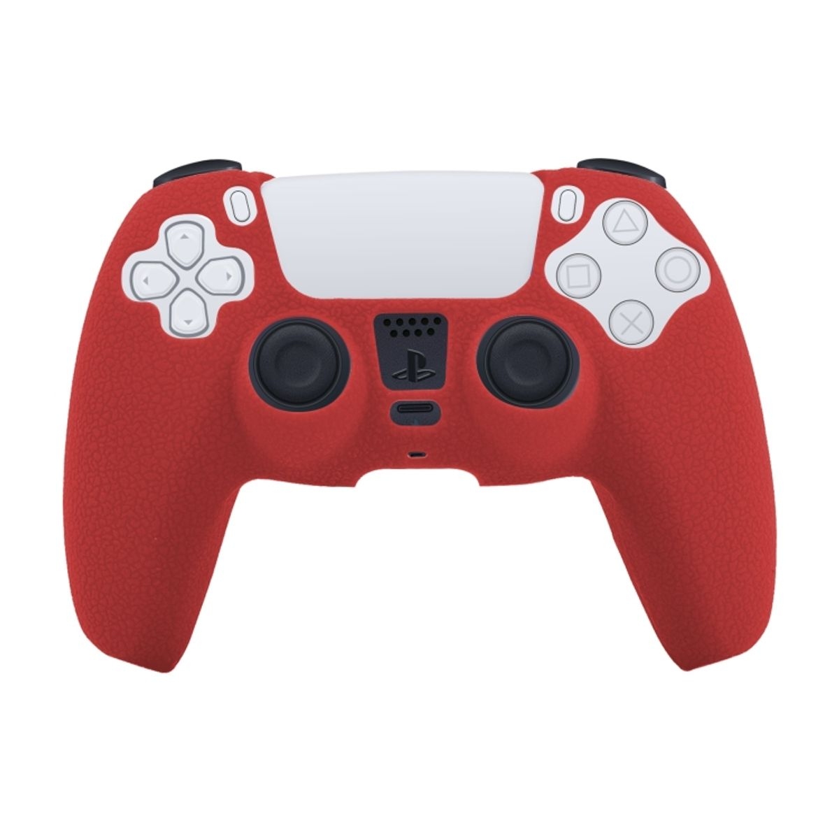 Ein roter Gamecontroller mit weißen Akzenten auf weißem Hintergrund. Es hat Knöpfe und Joysticks.