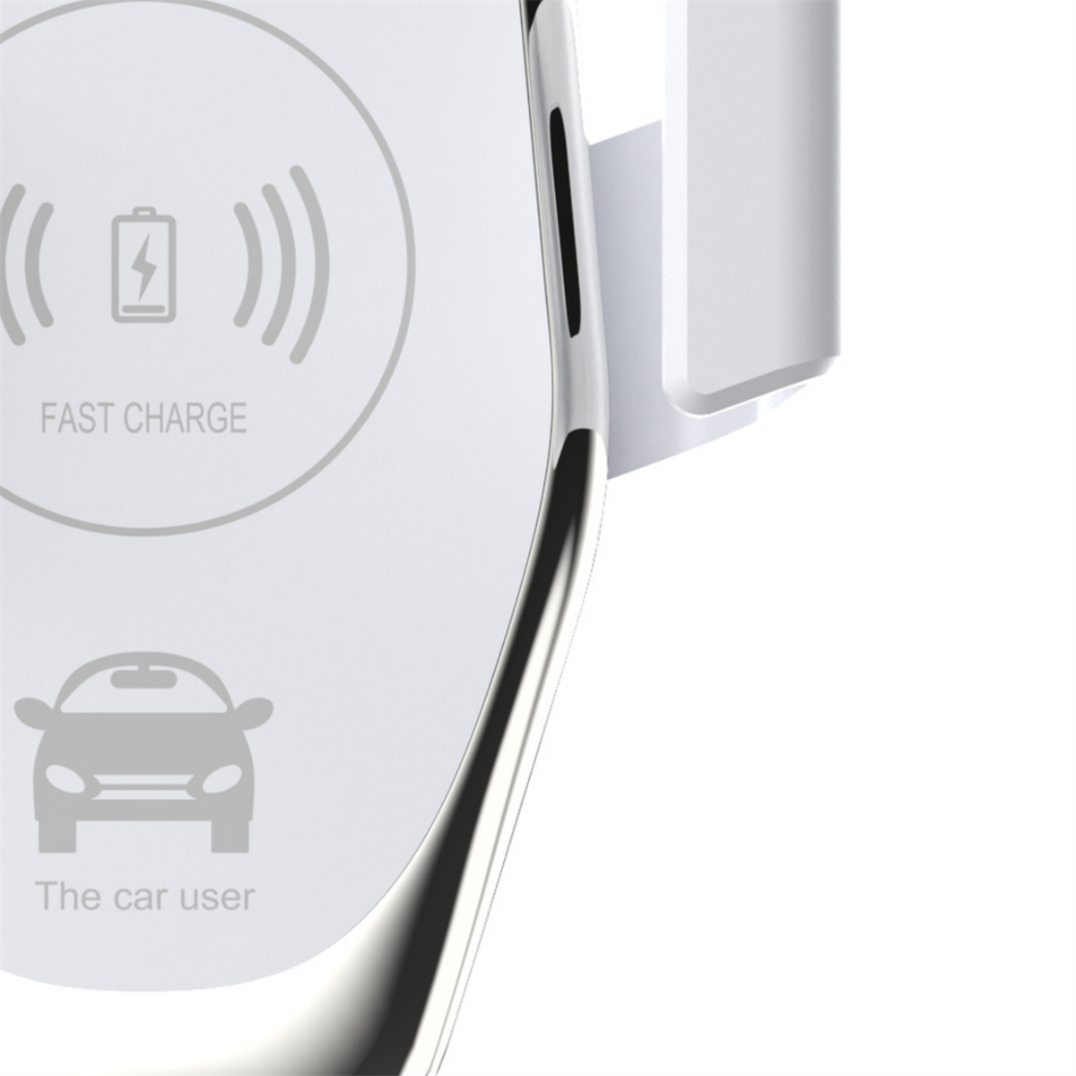 Ein weißes kabelloses Ladegerät mit Telefon. Text: Schnellladung, Der Auto-Benutzer.