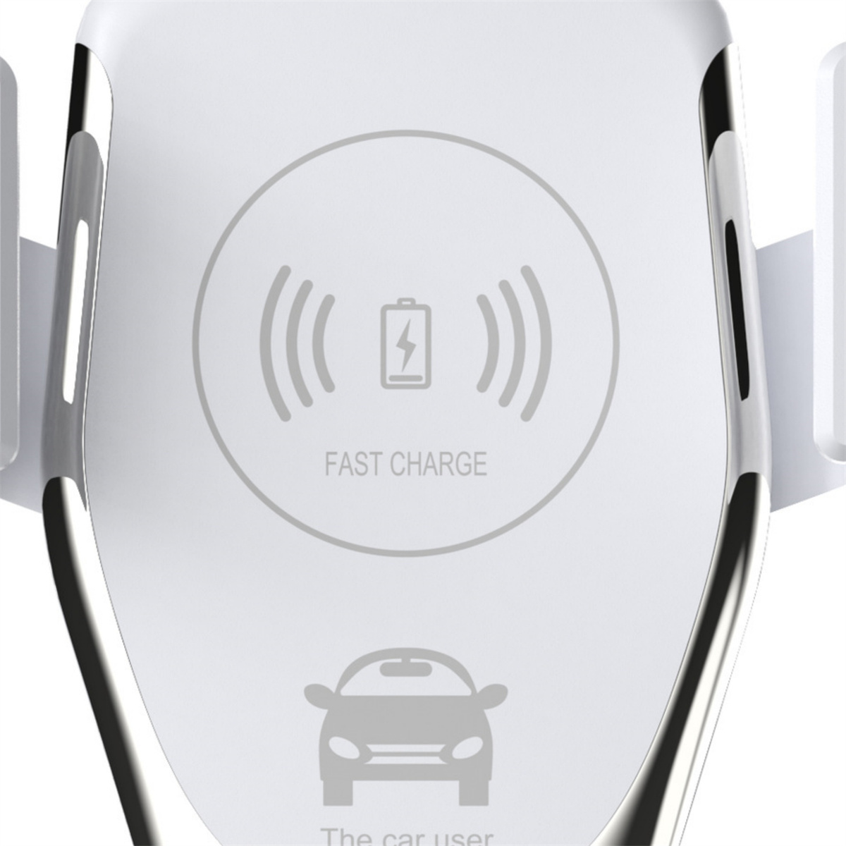 Weißer Autotelefonhalter mit kabellosem Ladesymbol und den Worten 'Fast Charge'.