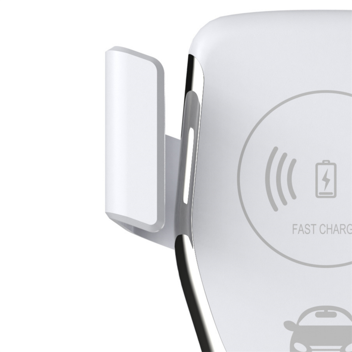 Weißer Autotelefonhalter mit Ladesymbol und dem Text 'FAST CHARGE'.