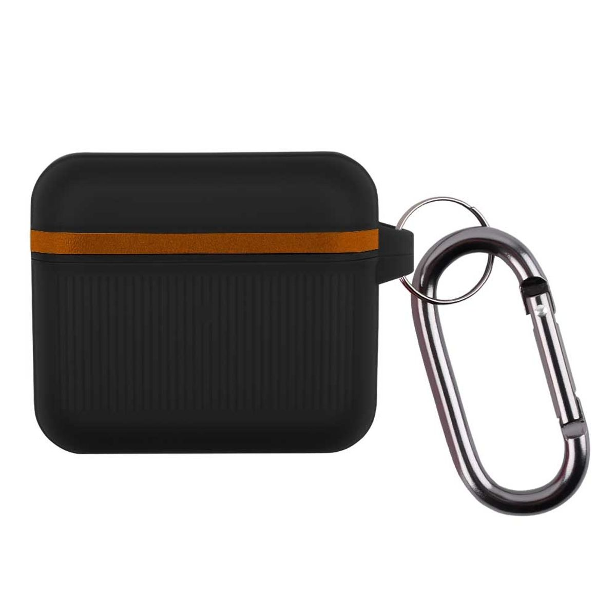 Schwarzes Etui für Ohrhörer mit silbernem Karabiner. Oranger Rand. Weißer Hintergrund.