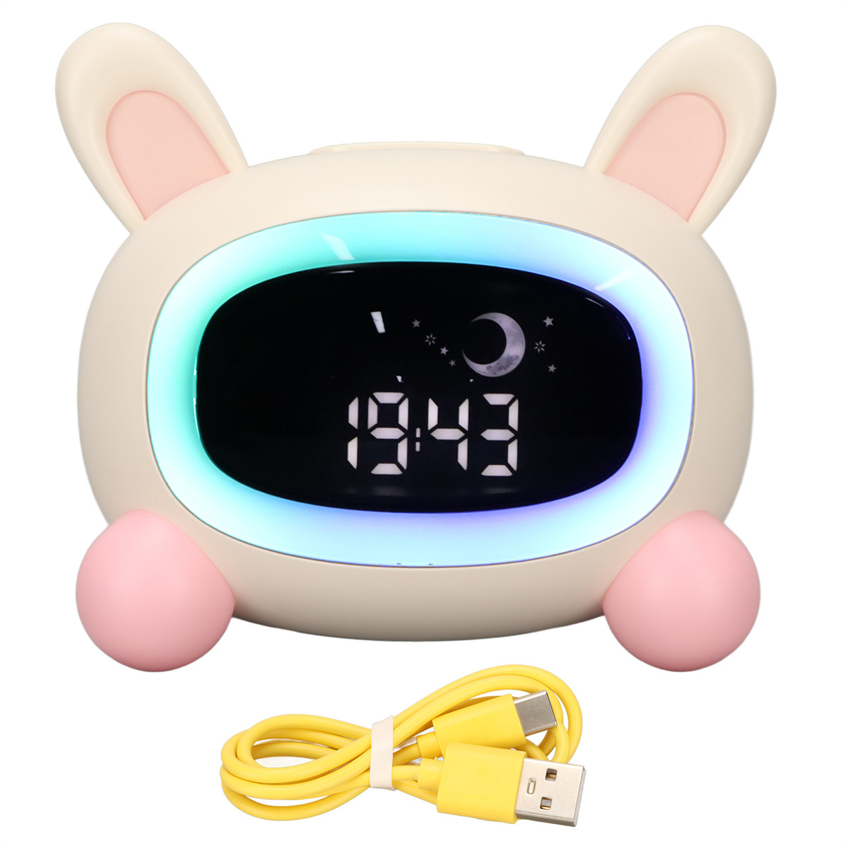 Hasenförmiger Wecker mit Digitalanzeige und gelbem Ladekabel.