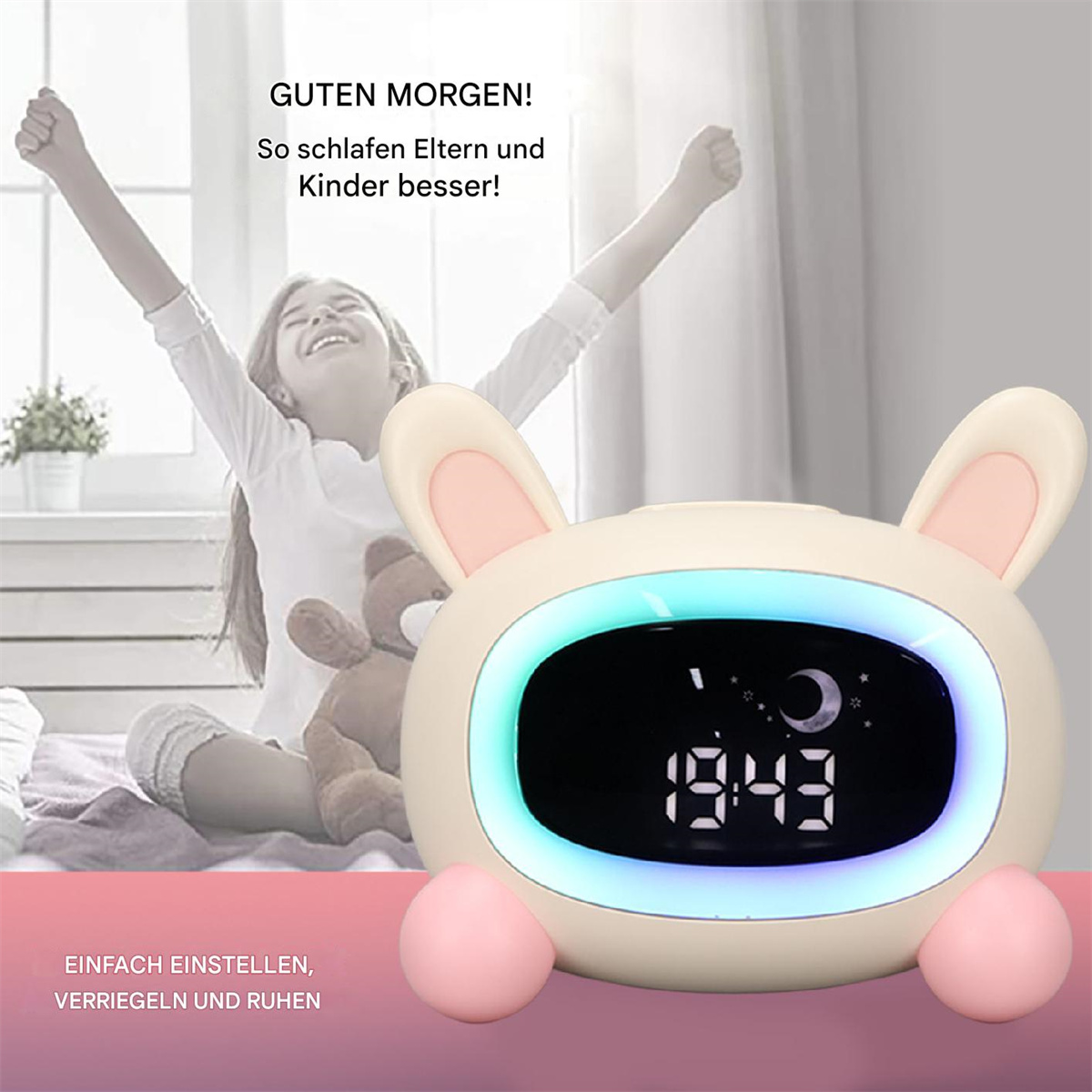Mädchen im Hintergrund, Hasen-Wecker mit Digitalanzeige.