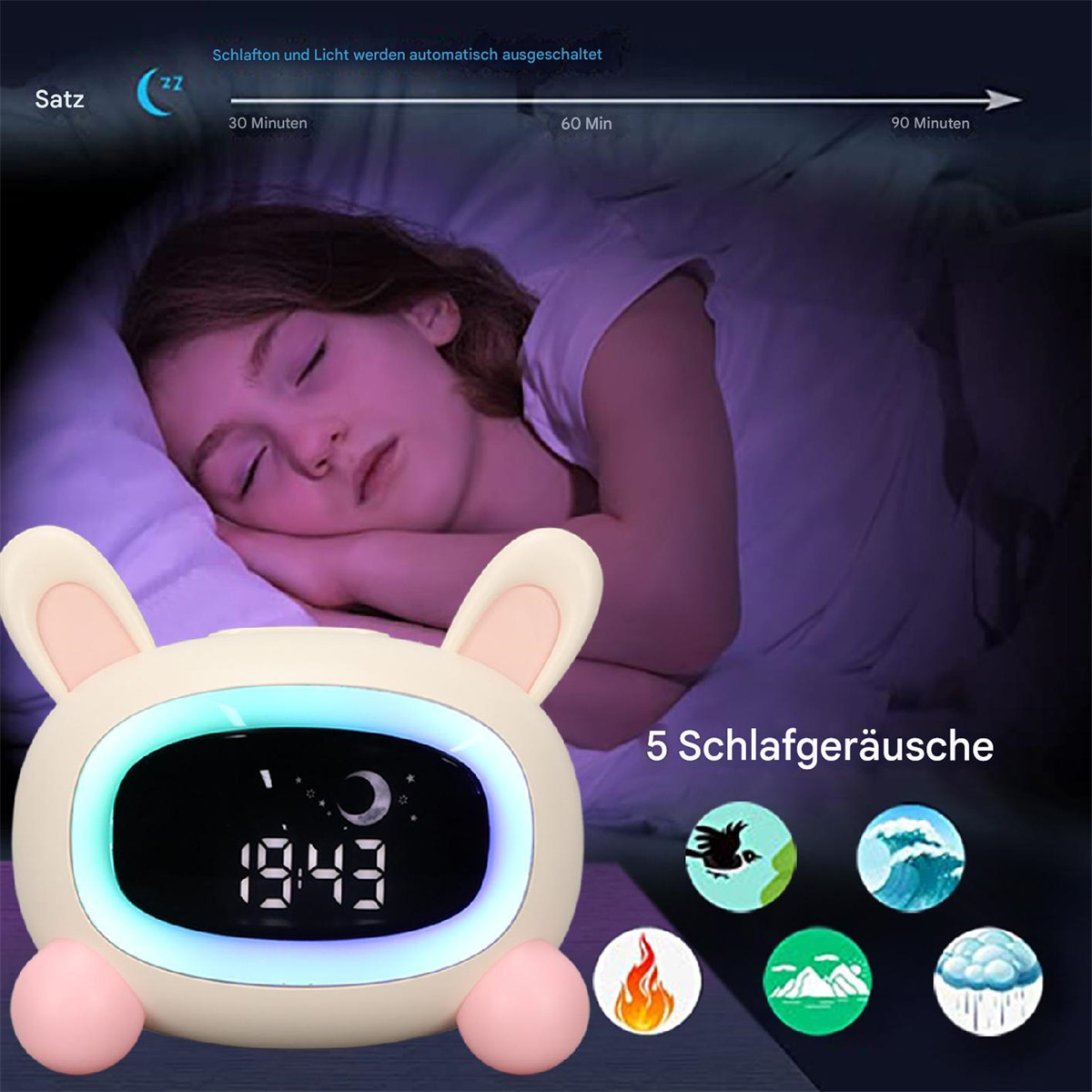 Ein Kind schläft neben einem hasenförmigen Wecker. Er zeigt die Uhrzeit an. Hintergrund zeigt Zeitoptionen.