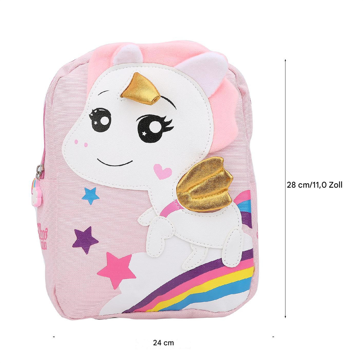 Ein pinkfarbener Einhorn-Rucksack mit Maßen. Er hat ein Einhorn-Gesicht und Regenbogen-Details.