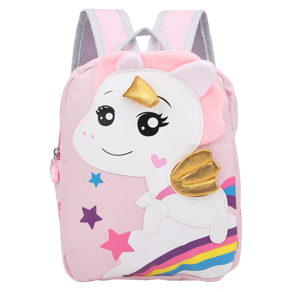 Rosa Einhorn-Rucksack mit Sternen und Regenbogen. Hintergrund ist weiß.