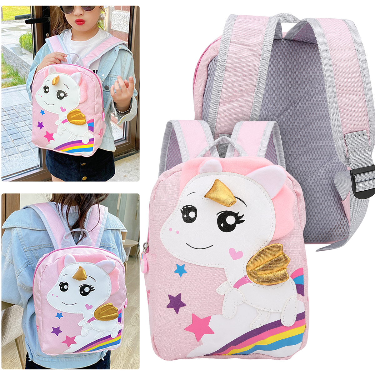 Rosa Einhorn Rucksack mit Einhorn-Design, Regenbogen und Sternen. Mehrere Ansichten.