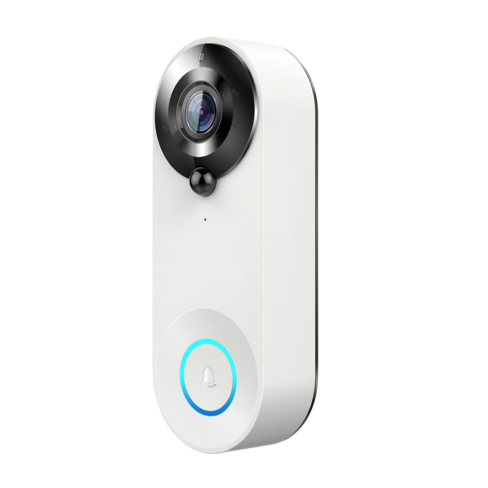 Weiße intelligente Türklingel mit Kamera und blauem beleuchtetem Ring um einen Knopf.