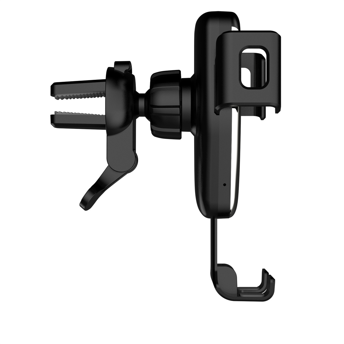 Ein schwarzer Autotelefonhalter mit Clip und Haken, auf weißem Hintergrund.