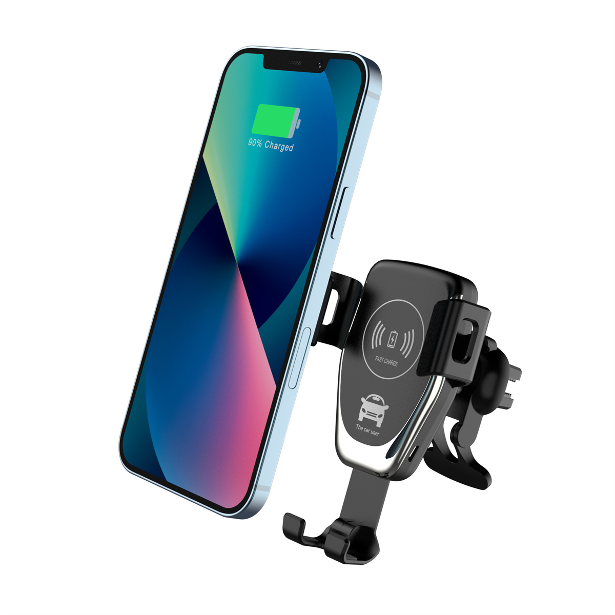 Ein Telefon, das drahtlos auf einer Autohalterung geladen wird, mit einem 90% geladenen Bildschirm.