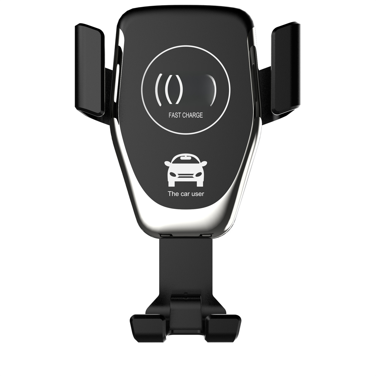Schwarzer Autotelefonhalter. Hat ein Ladesymbol und die Worte 'Fast Charge'. Der Halter ist auf weißem Hintergrund.