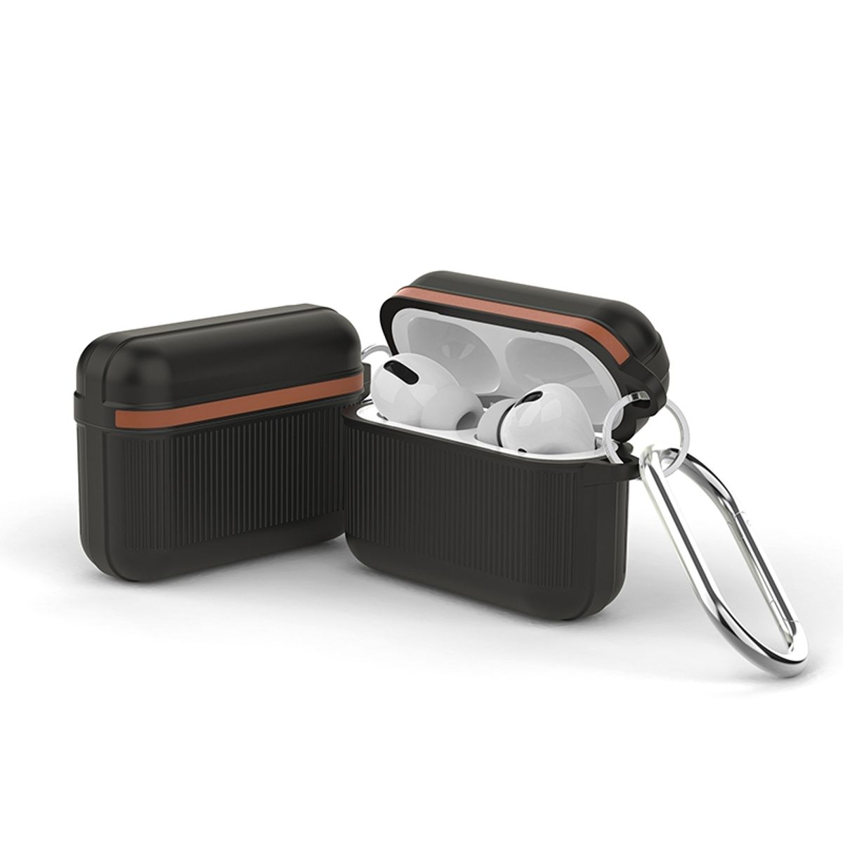 Schwarze AirPod-Hüllen, eine offen mit weißen Ohrhörern, die andere geschlossen. Braune Verkleidung.