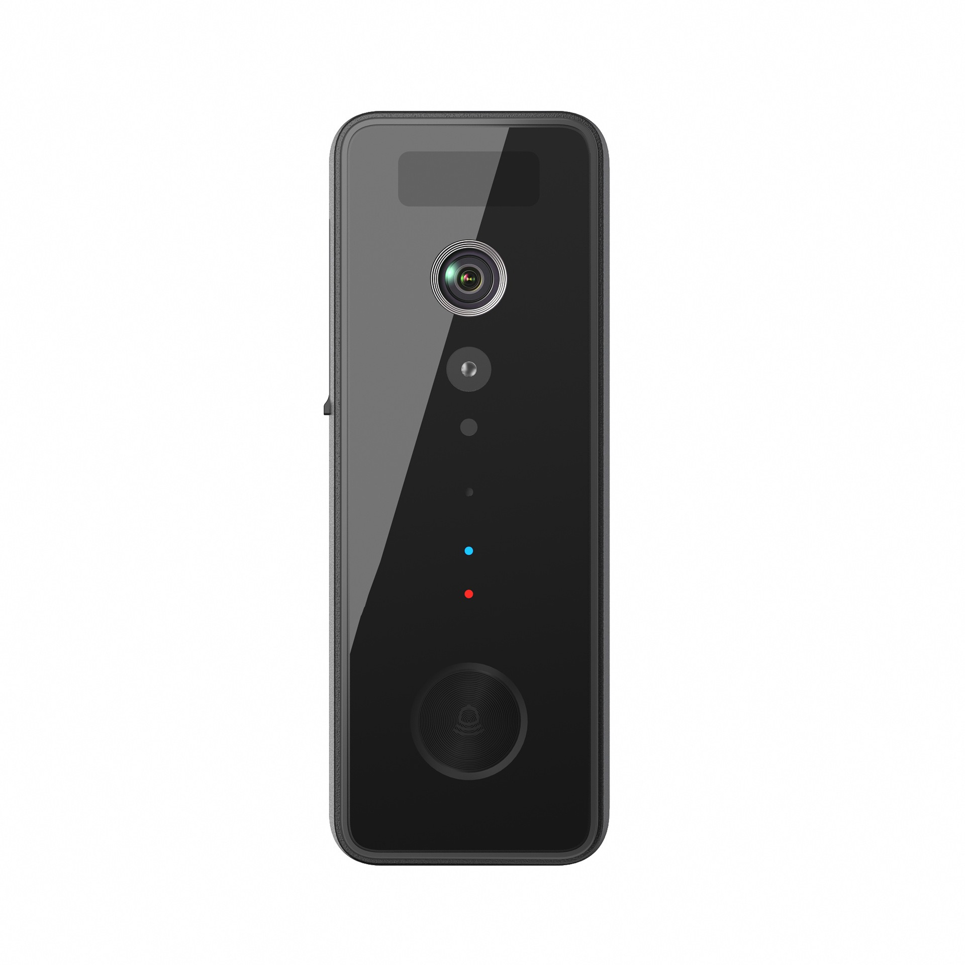 Schwarzes rechteckiges Gerät mit Kamera, rot/blauen Lichtern und Fingerabdrucksensor.