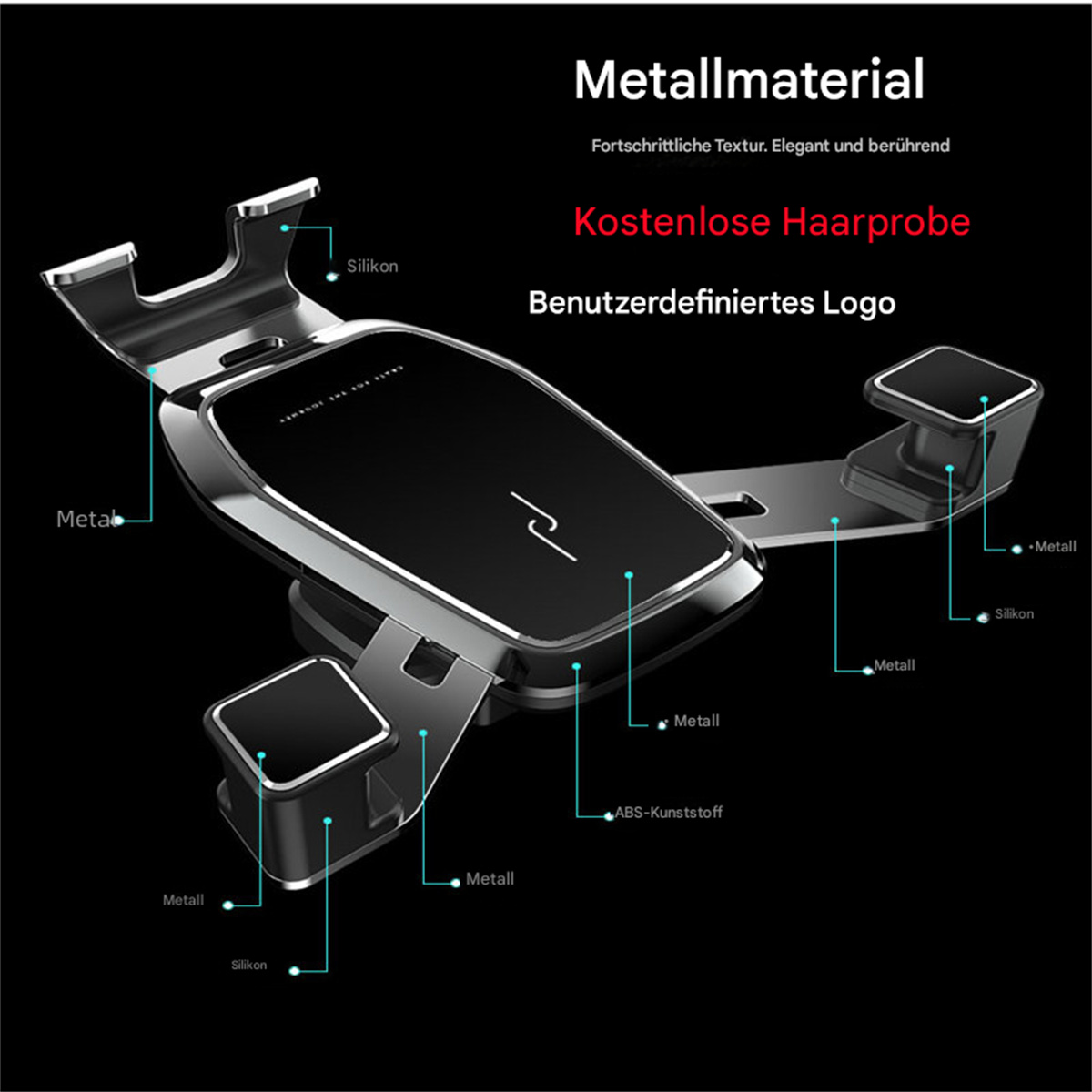 Ein schwarzer Telefonhalter mit Metalldesign, Beschriftungen und Text auf Deutsch.