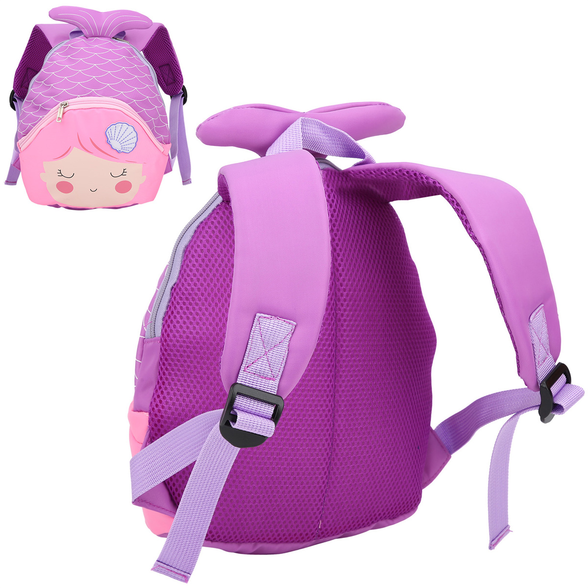 Ein Rucksack im Meerjungfrau-Design wird gezeigt. Er hat ein Meerjungfrau-Gesicht und ein Schwanzdesign, in Pink und Lila.