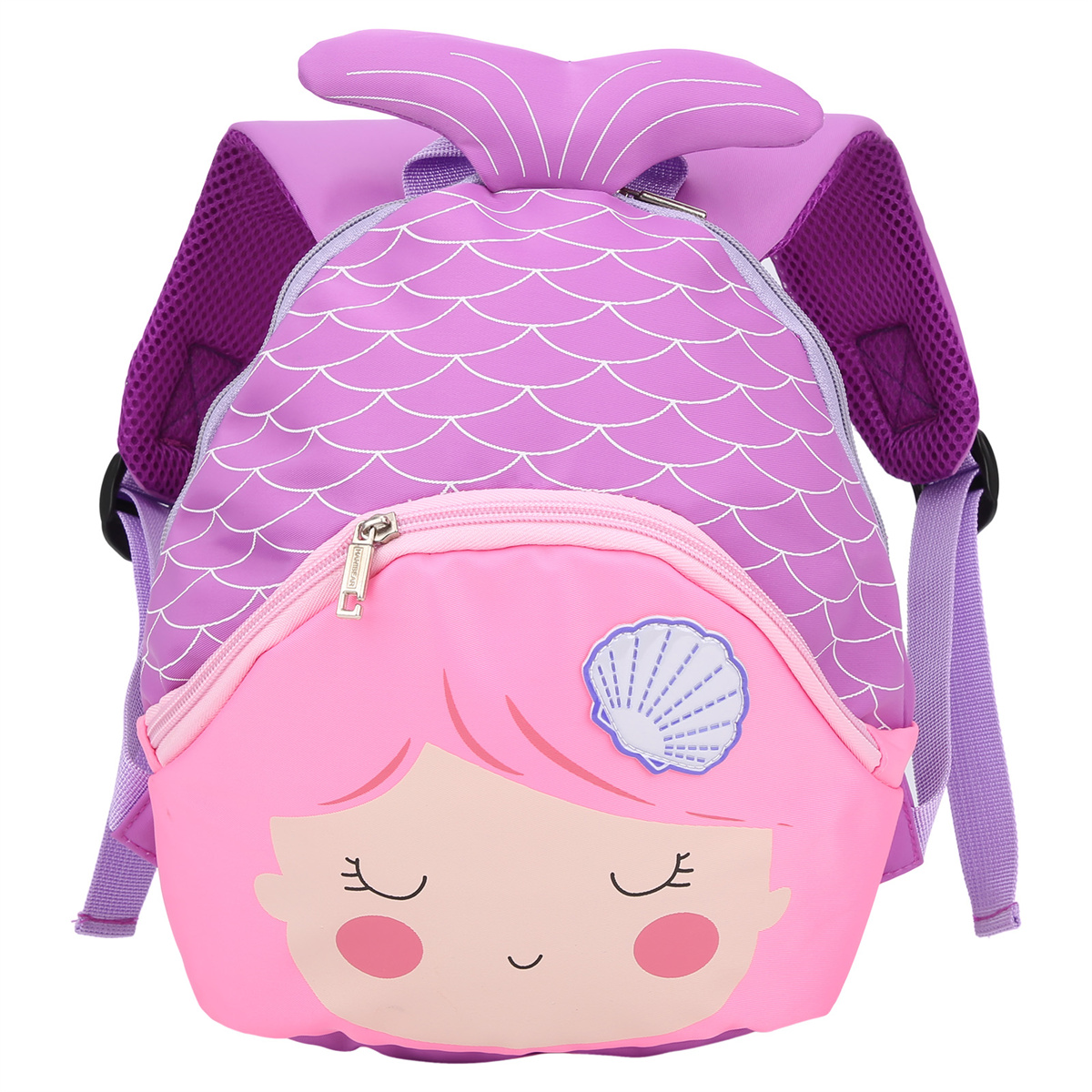 Pinker Meerjungfrau-Rucksack mit lächelndem Gesichtsdesign, lila Meerjungfrauenschwanz und Trägern.