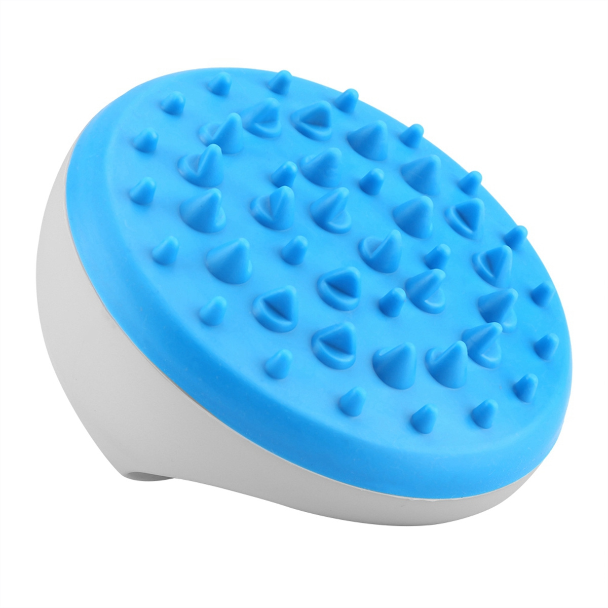 Blau-weißes Massagegerät mit vielen kleinen Noppen. Der Griff ist weiß und der Kopf blau.