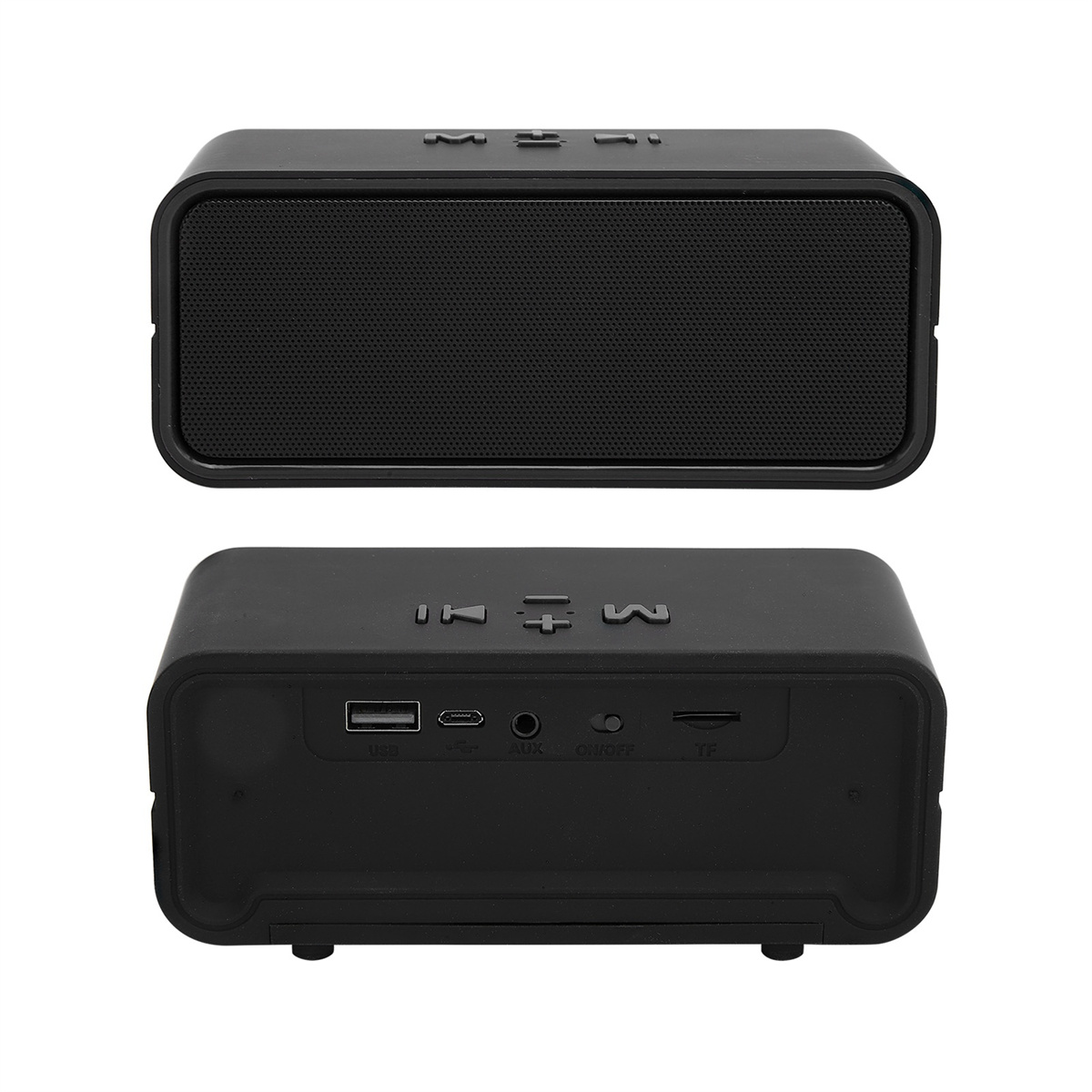 Schwarzer rechteckiger Lautsprecher mit Knöpfen oben und Anschlüssen hinten. USB, AUX, Ein/Aus, TF.
