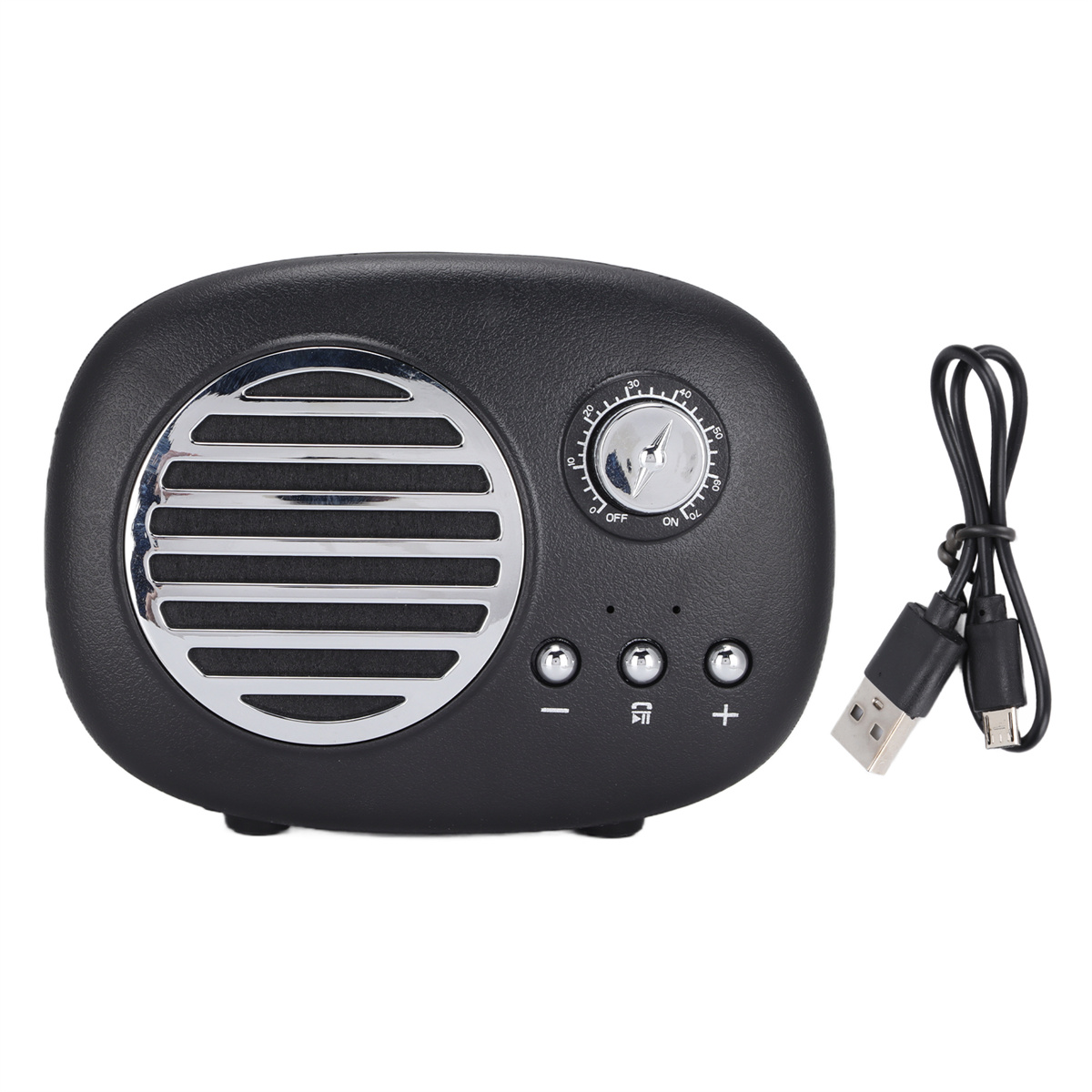 Schwarzer Lautsprecher im Retro-Stil. Silberner Lautsprechergrill. USB-Ladekabel und USB-Anschluss.