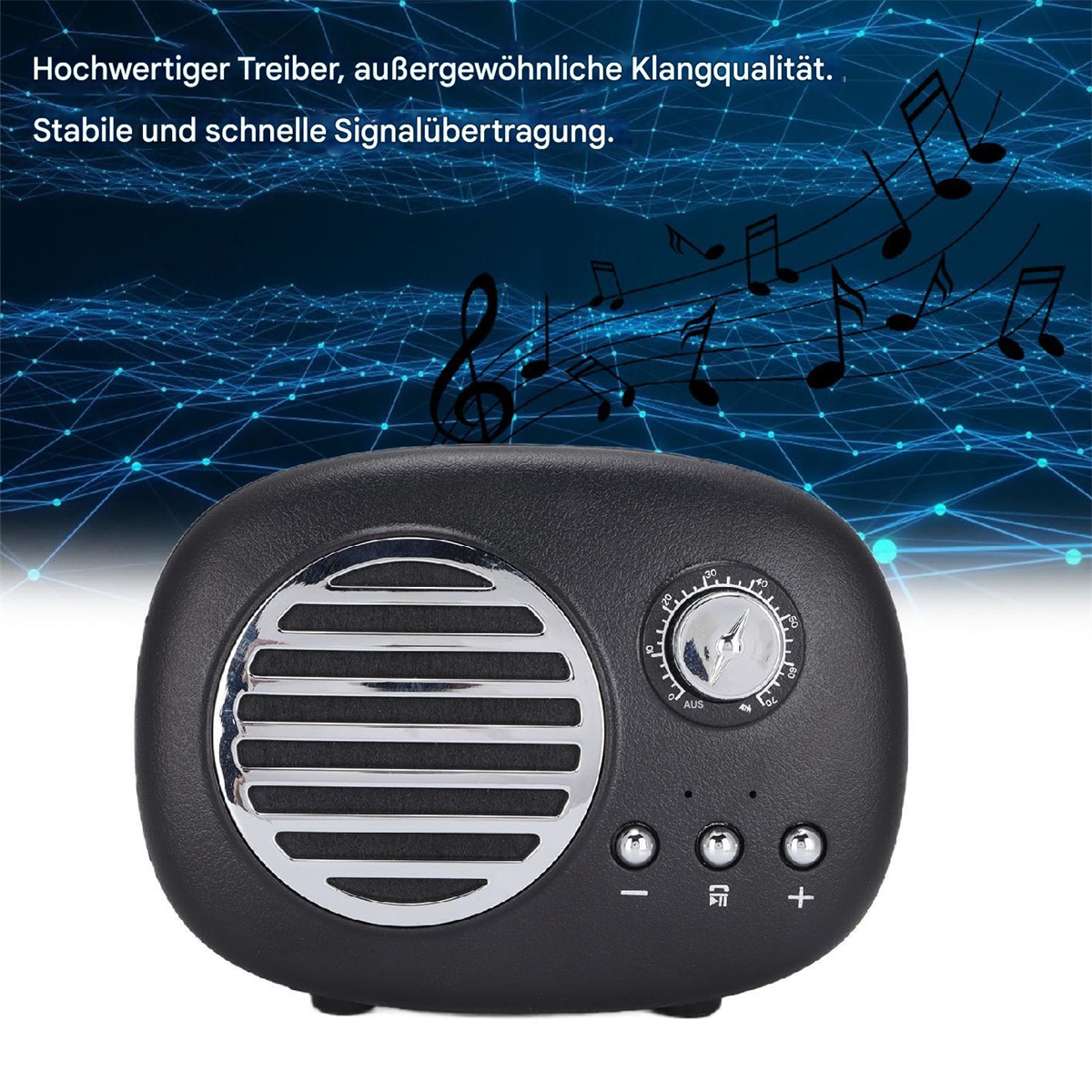 Schwarzer, oval geformter Lautsprecher mit Bedienelementen und Noten im Hintergrund.