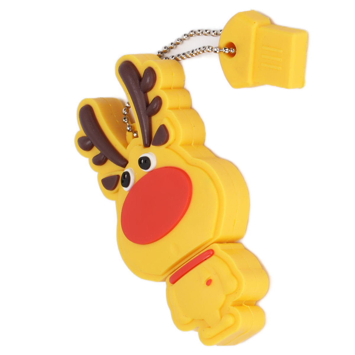 Gelber USB-Stick in Form eines Rentiers. Hat eine rote Nase und braunes Geweih.