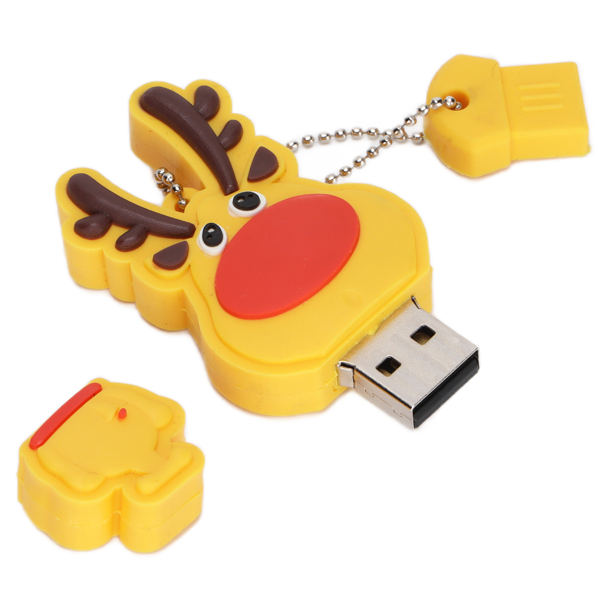 Gelber Rentier-USB-Stick mit roter Nase, braunem Geweih und abnehmbarem USB-Anschluss.