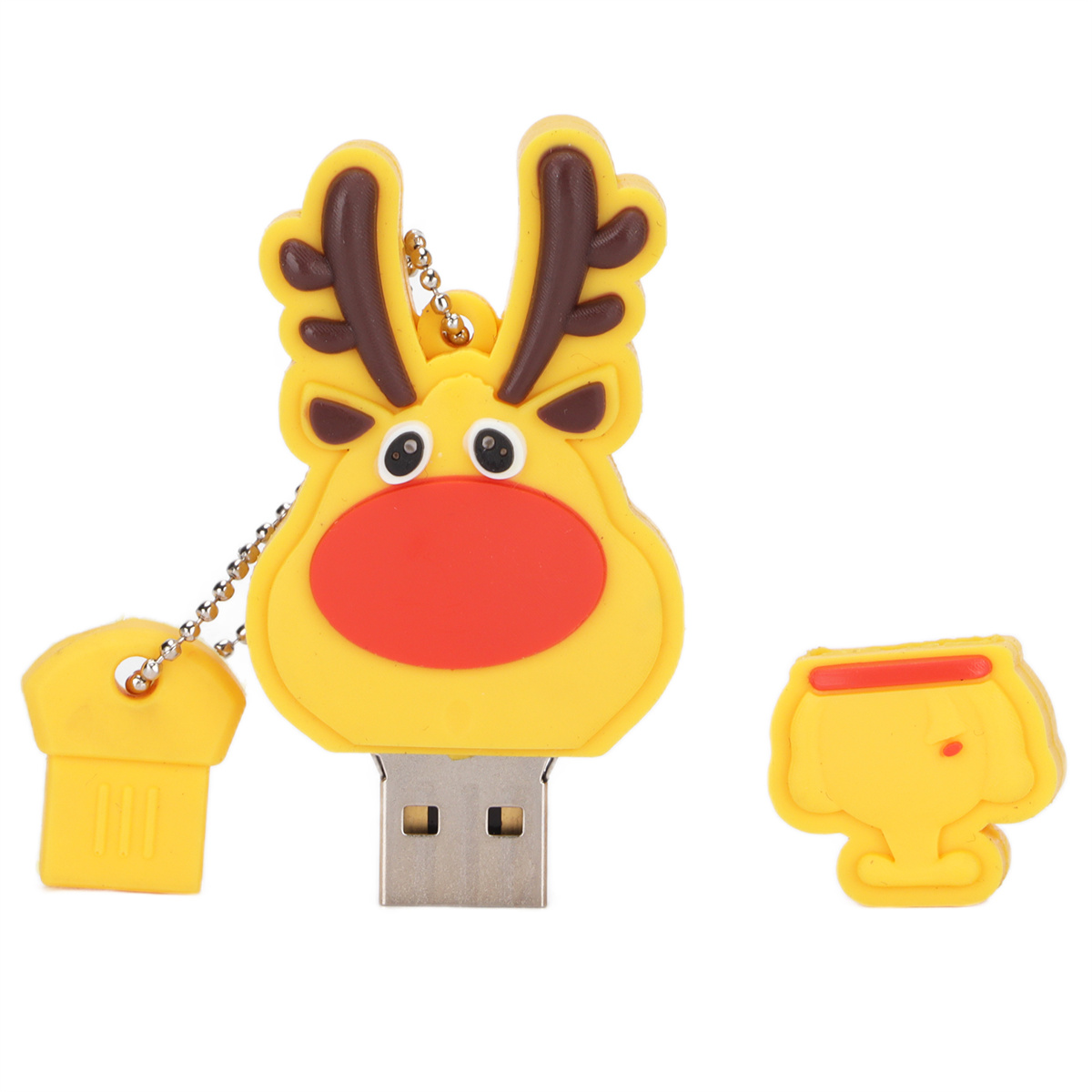 Gelber USB-Stick in Rentierform mit passender Kappe und kleinem Zubehör.