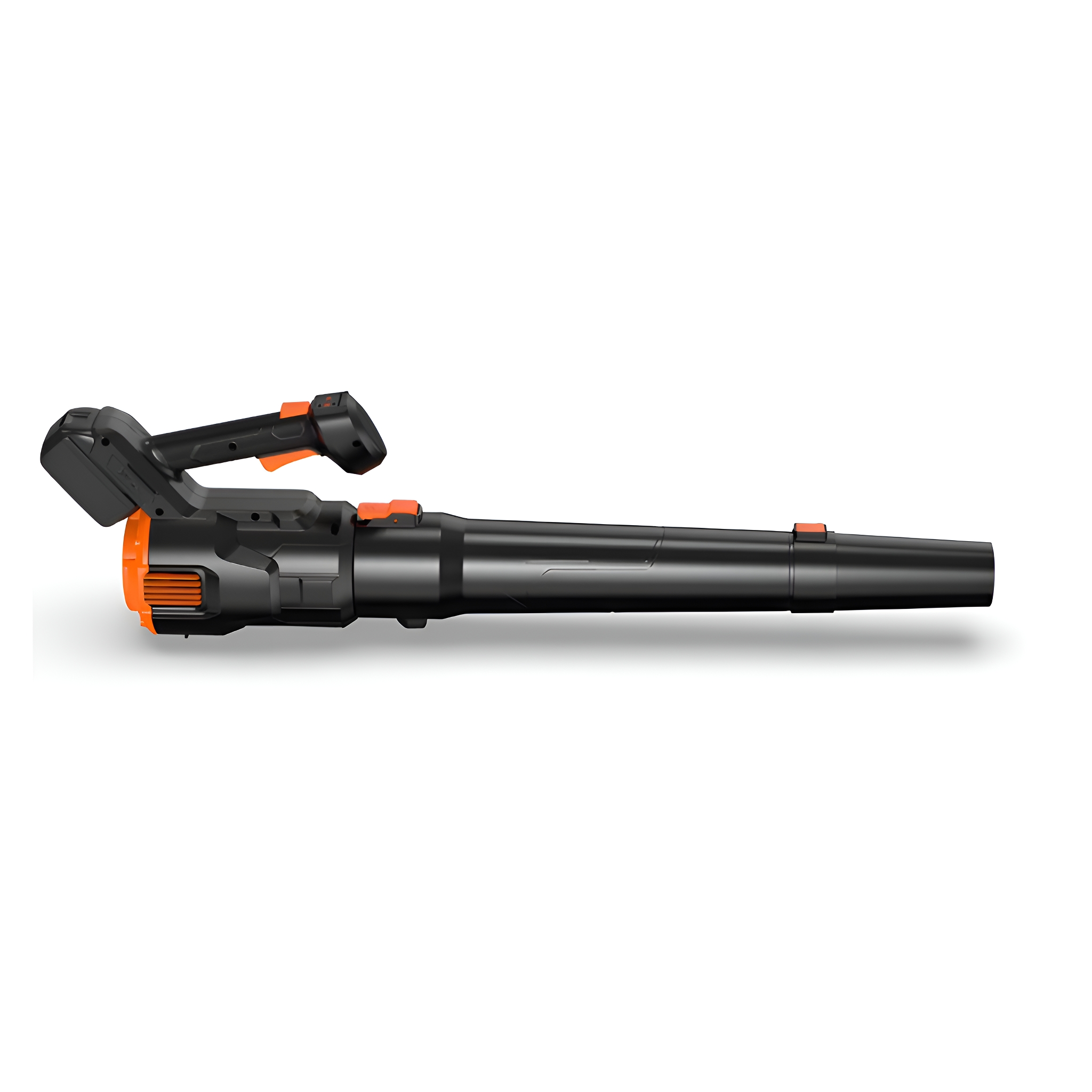 Ein schwarz-oranger Laubbläser, horizontal gesehen.