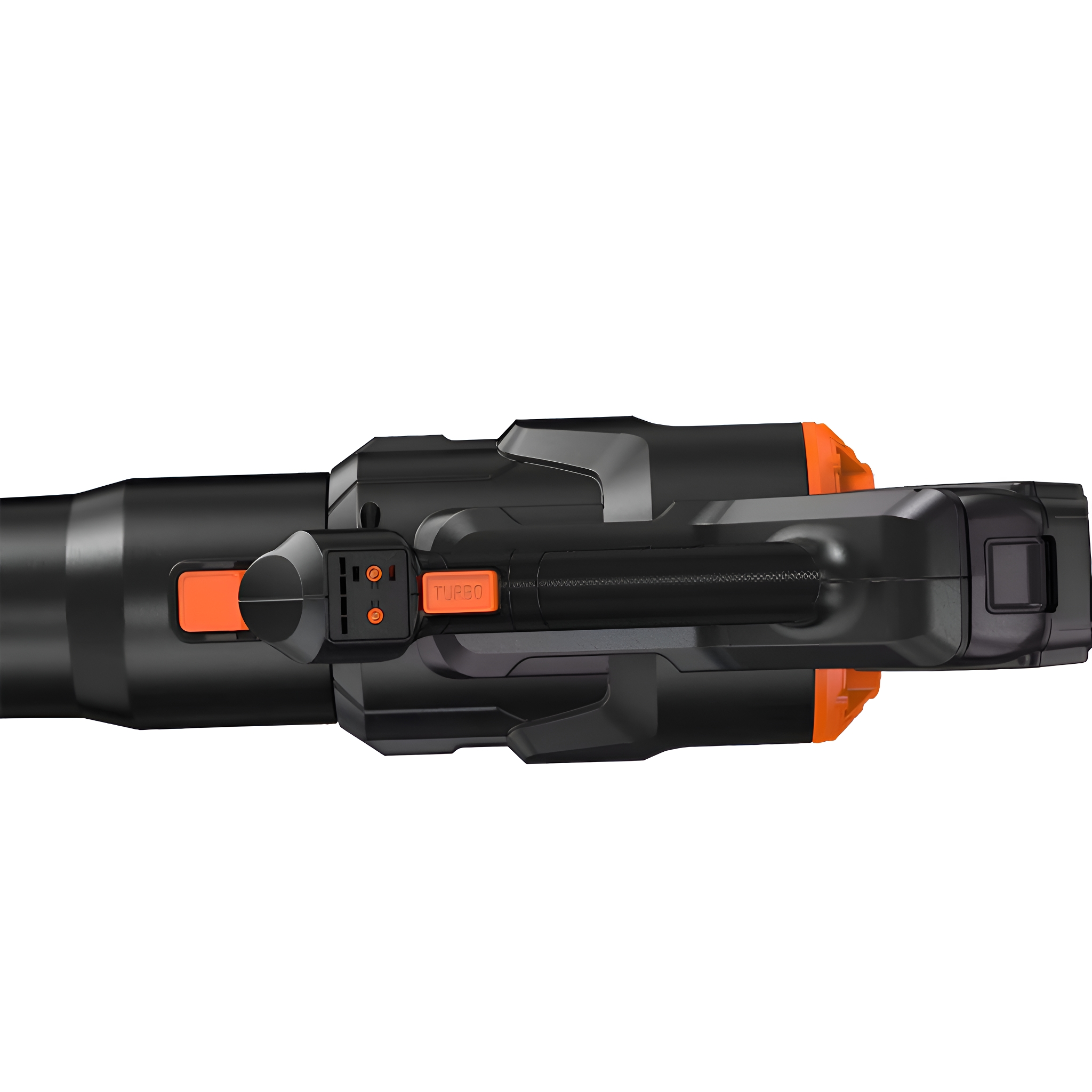 Ein orange-schwarzes Laubgebläse. Die Draufsicht zeigt die Turbotaste und die Düse.