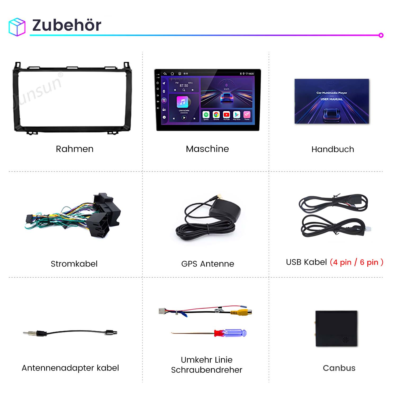 Parti autoradio: cornice, macchina, manuale, cavi, antenna, USB, adattatore, cacciavite, canbus.