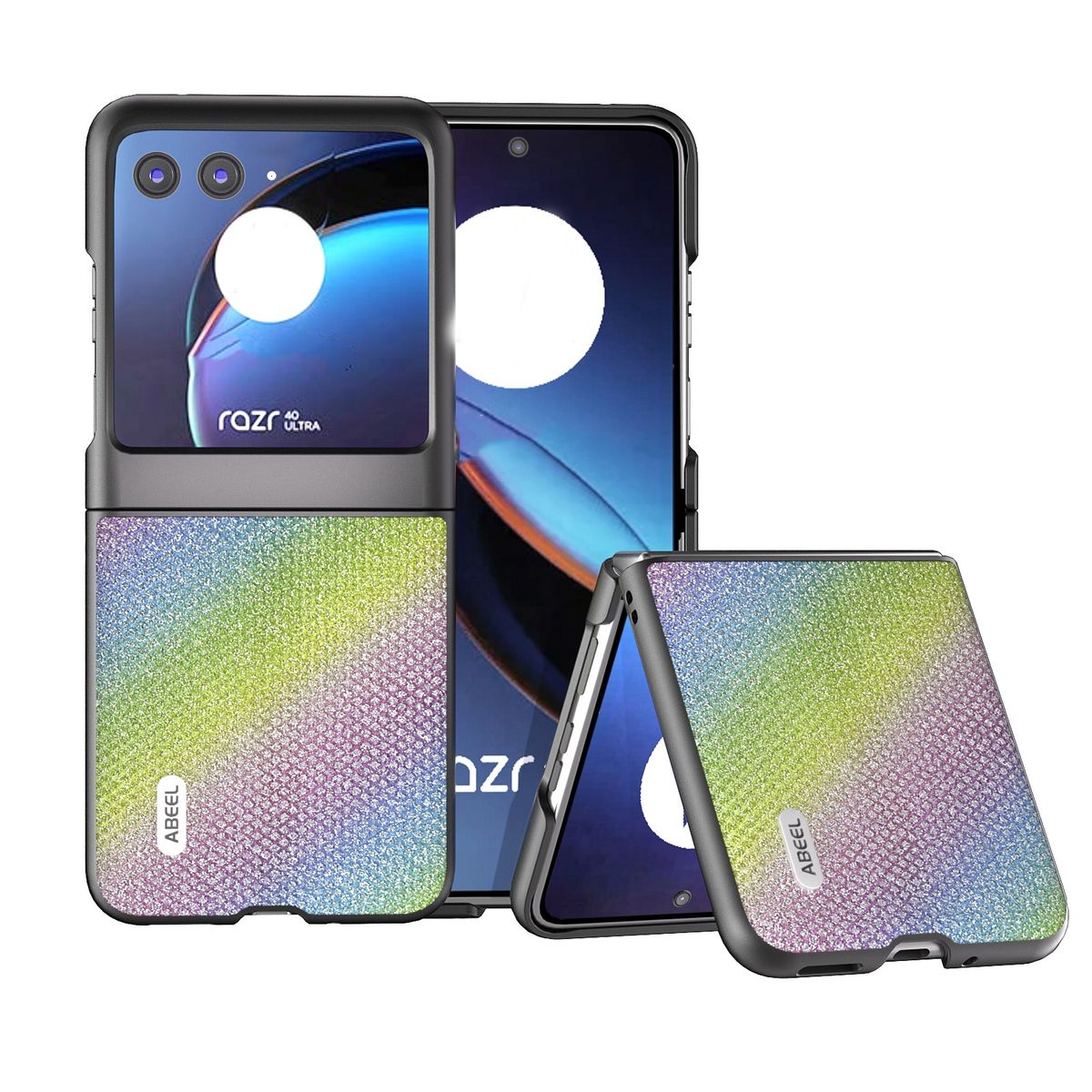 Faltbare Handyhülle mit farbenfrohem Glitzerdesign, offen und geschlossen, mit Telefon.
